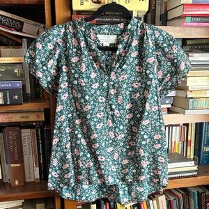 Trovata Teal Green Floral Short-Sleeve Blouse with Pink Blossoms